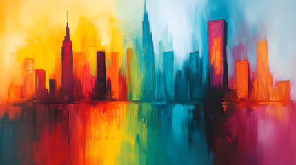 Fototapeta premium An abstract cityscape with vibrant, shifting colors blending into the buildings