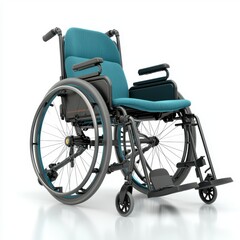 Fototapeta premium A modern, stylish wheelchair is showcased with a comfortable teal cushion and sleek black frame, suitable for healthcare-related materials, accessibility awareness, or disability support programs,