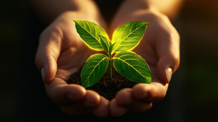 Assist encouragement concept. woman gently holds glowing seedling in her hands, symbolizing growth