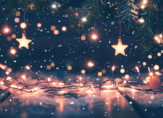 Festive Christmas background with glowing lights. Seasonal holiday background