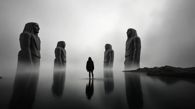 Massive monolithic structures emerge from misty waters under stormy skies. Lone figure silhouetted against towering ancient-tech monuments. 