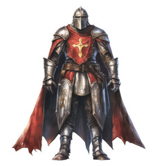 Fototapeta premium A weathered medieval knight in full plate armor, a red surcoat bearing a cross.