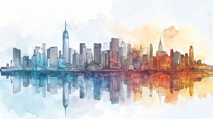 Fototapeta premium dreamy watercolor metropolitan skyline reflecting in harbor waters, dawn colors