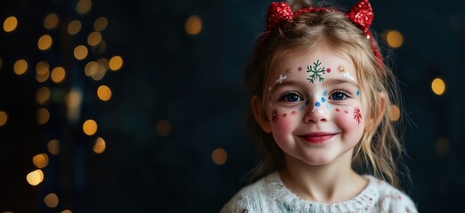 Smiling girl with festive face paint, Christmas decorations, red bows, and bokeh lights