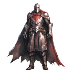 A medieval knight in full plate armor, red cloak, and weathered boots.