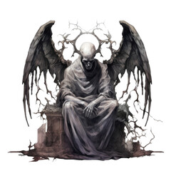 Fototapeta premium Winged Skeletal Figure Enthroned, Holding Mask and Book, Playing Instrument