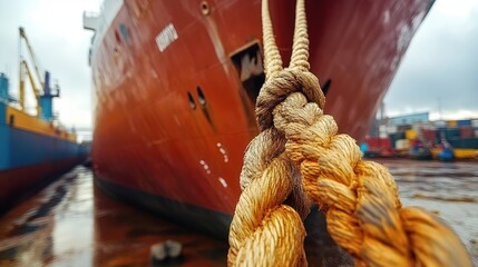 Obraz premium Close-up of thick ropes tied to a red cargo ship at a dock.