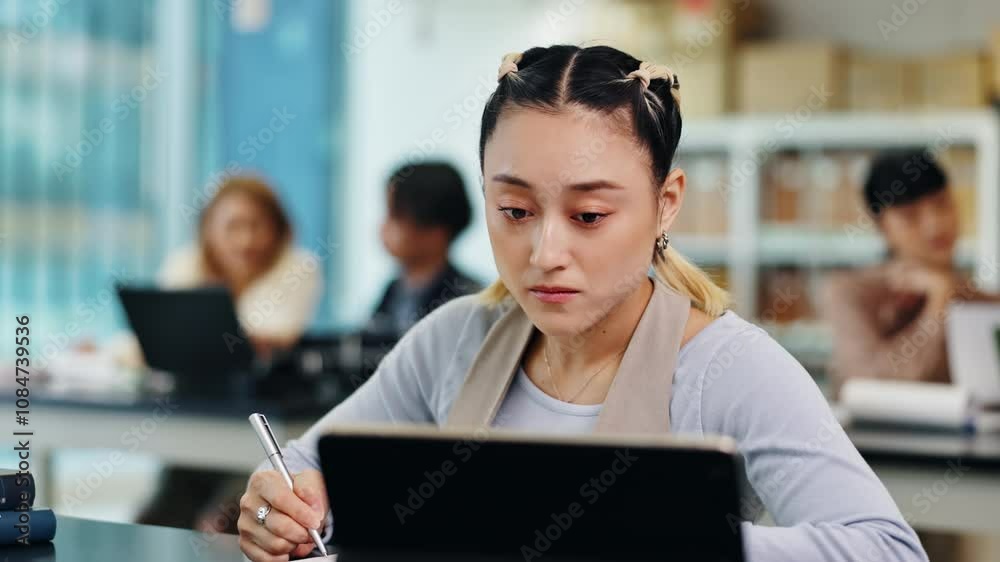 Poster student, tech and education notes at university with japanese woman, study and thesis writing. colle