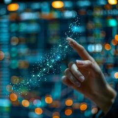 A hand raising an arrow up icon with a background of financial data and rising stock trends. The image represents positive economic growth,