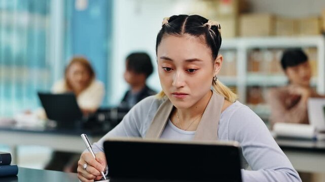 Student, tech and education notes at university with Japanese woman, study and thesis writing. College, class and knowledge with notebook, work and website research for phd of graduate and app