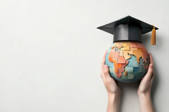 A pair of hands holds a globe adorned with a graduation cap, symbolizing education and global achievement, Ideal for educational content, graduation announcements, or international studies,