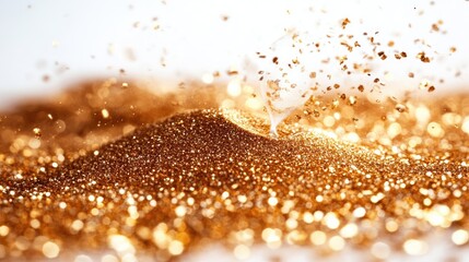 Abstract gold glitter background with bokeh lights and sparkling particles.