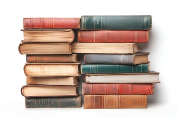 A stack of vintage books showcases their worn covers and textured spines, ideal for themes of knowledge, nostalgia, and education, Perfect for library promotions, reading programs, or literary events