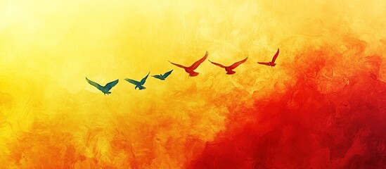 Obraz premium A vibrant sunset scene with birds flying across a colorful sky.
