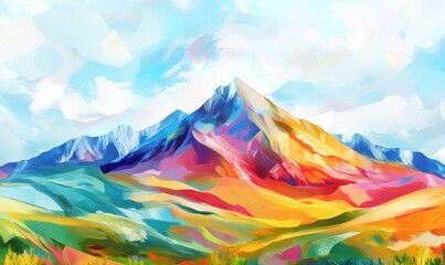 Colorful mountain landscape with vibrant hues, majestic peaks, rolling hills, and bright sky