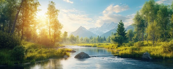 Naklejka premium dreamy vacation with sunny weather in minimalistic landscape, natural landscape over a stream running to river with forest and mountain far away on clear blue sky