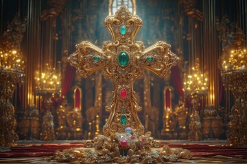 Fototapeta premium Gold embellished cross with gemstones in baroque style