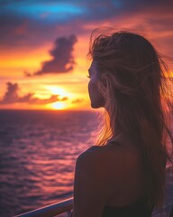 Beautiful sunset over the ocean as seen from a cruise ship by a woman.