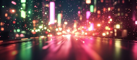 Fototapeta premium A colorful, abstract cityscape with vibrant lights and reflections on a wet surface.