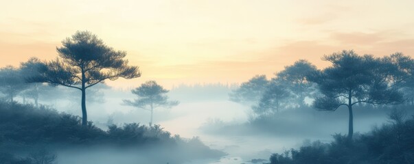 Naklejka premium Exotic foggy forest. Jungle panorama, forest oasis. Foggy dark forest. Natural forest landscape. 3D illustration.