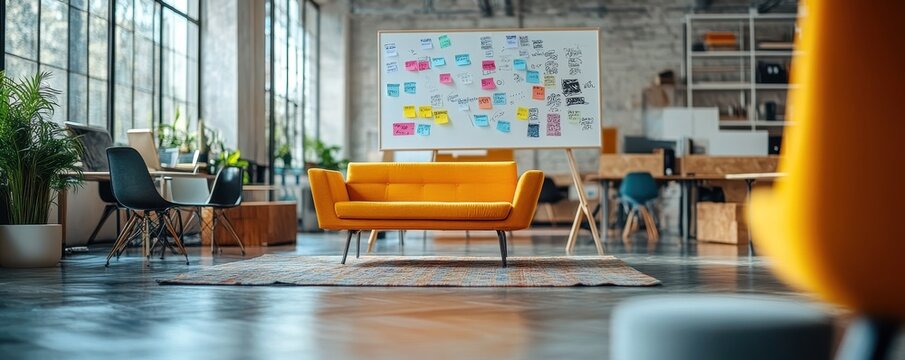 modern, open-plan office space designed for collaboration, featuring modular furniture, whiteboards filled with colorful notes, and a casual seating area where young professionals brainstorm ideas.