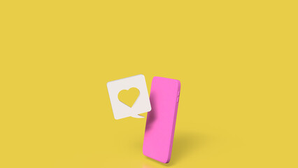 The pink mobile and heart icon on yellow background for love applications concept 3d rendering.