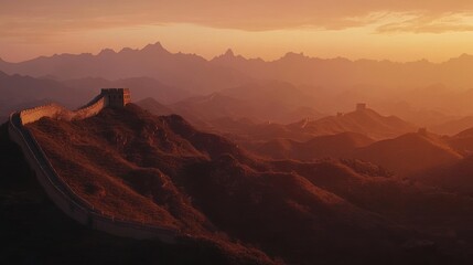 Fototapeta premium A stunning view of the Great Wall of China at sunset, highlighting its historical significance.