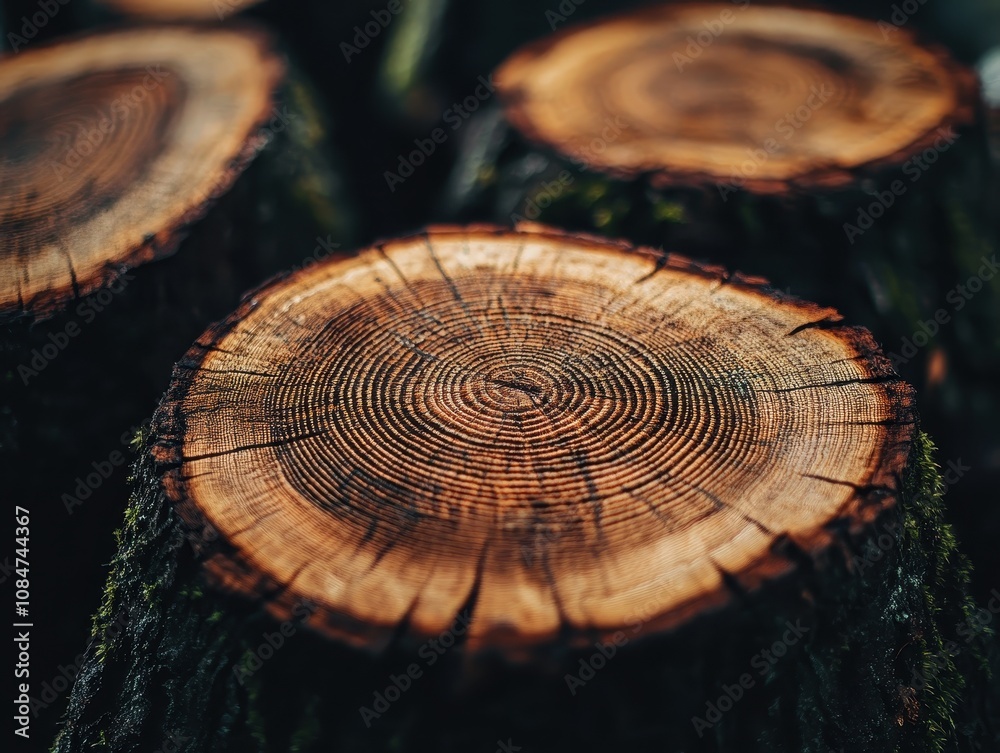 Wall mural a close-up of cut tree cross-sections showing intricate growth rings and textures with hints of gree