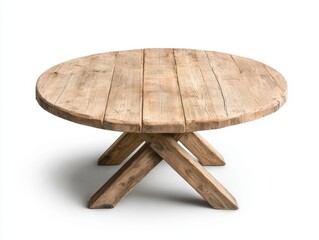 A rustic wooden round table with a textured surface and sturdy cross-legged design, perfect for interior design projects, furniture catalogs, or lifestyle blogs showcasing natural materials,