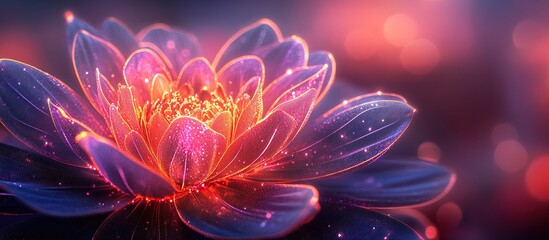 Obraz premium A glowing lotus flower illuminated with vibrant colors and sparkles in a dreamy setting.