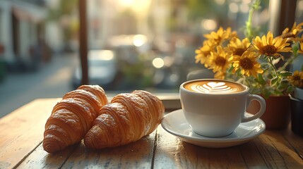 Cappuccino and fresh croissants served outdoors on a sunny cafÃ© patio