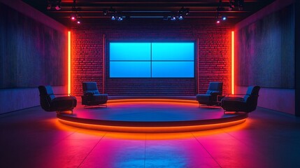 Neon-lit studio with circular stage, screens, and armchairs.