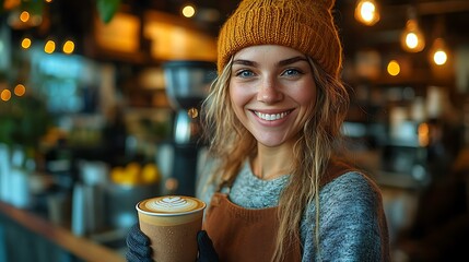 A barista serving cappuccino to a customer at a cozy cafÃ© counter