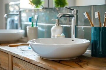 Interior of beautiful bathroom with toothbrushes on chest of drawers in bathroom, closeup