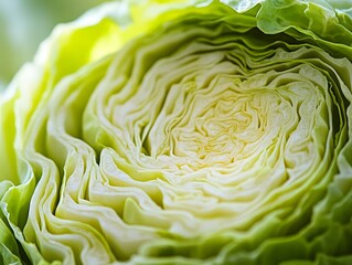 Obraz premium A close-up of a cut cabbage, showing its intricate layers and crisp texture
