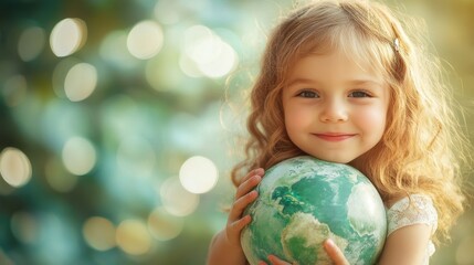 Naklejka premium A little girl hugging a green globe planet adult astronomy.