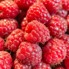 A close-up of a handful of ripe raspberries, their delicate texture and rich red color emphasized