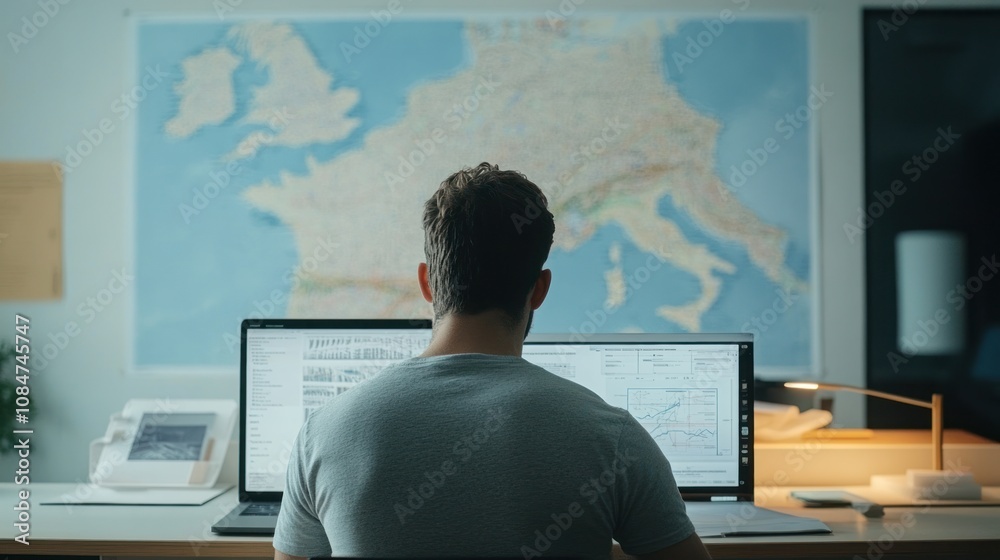 Poster a person working at a computer with a map of europe in the background.