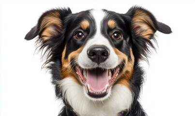 Happy dog portrait, smiling Australian Shepherd with expressive eyes and fluffy ears, bright white background