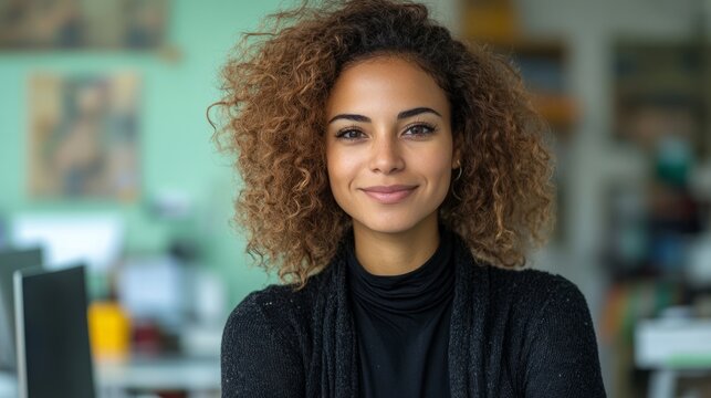 A photo of a happy, egyptian women in his thirties working in office wearing a black sweater , green office background. prespective angle 