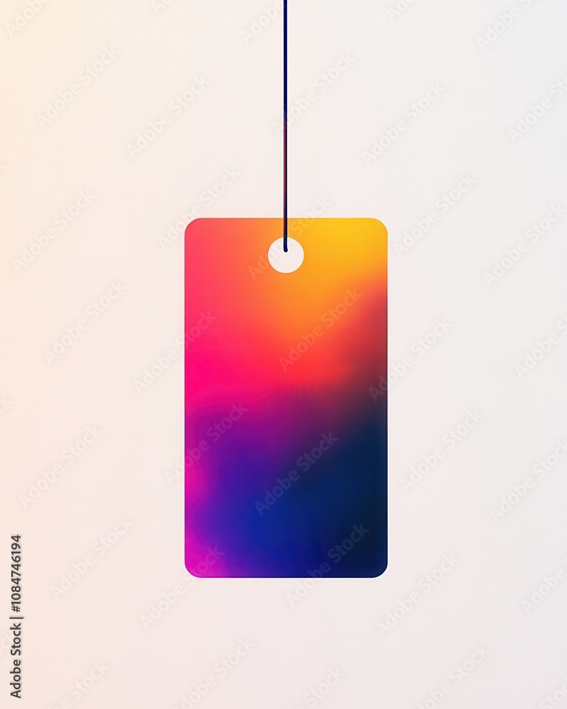 Poster modern graphic of a vibrant floating tag with a string loop on a white backdrop.
