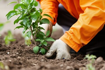 Fototapeta premium A close-up of a prisoner planting trees in a public area during community service, isolated on a white background