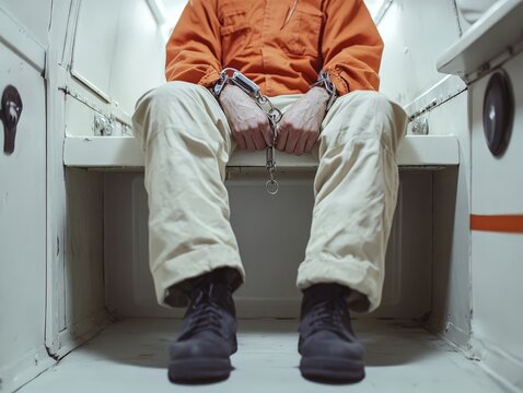 A close-up of a prisoner sitting in the back of a transport vehicle, hands cuffed, isolated on a white background