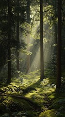 Obraz premium Sunbeams filtering through trees in magical forest