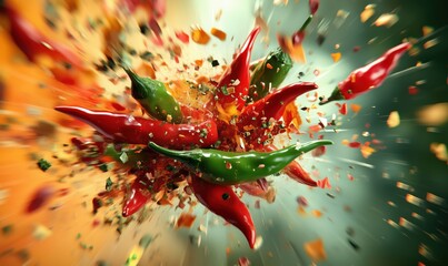 Exploding chili peppers, vibrant colors, dynamic motion, spices flying, red and green chilies, culinary explosion, intense flavor, artistic representation