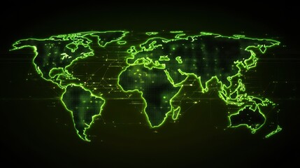 An outline of the globe is created using glowing green lines, creating a futuristic world map