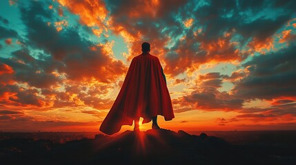 A figure in a red cape stands against a vibrant sunset, embodying a heroic silhouette.