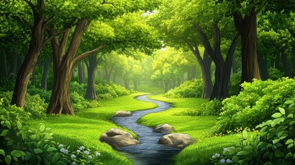 A forest with a stream or river running through it. The trees are lush and green. Natural background. A plot in a drawn style. Image for design of children's books, postcards, print, etc