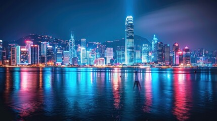 Fototapeta premium A lone figure stands in the foreground, silhouetted against the vibrant cityscape of Hong Kong at night. 