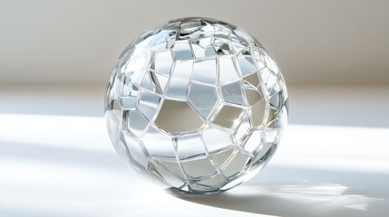 Naklejka premium A crystal-clear glass sphere displays a complex geometric pattern reflected against a white backdrop.